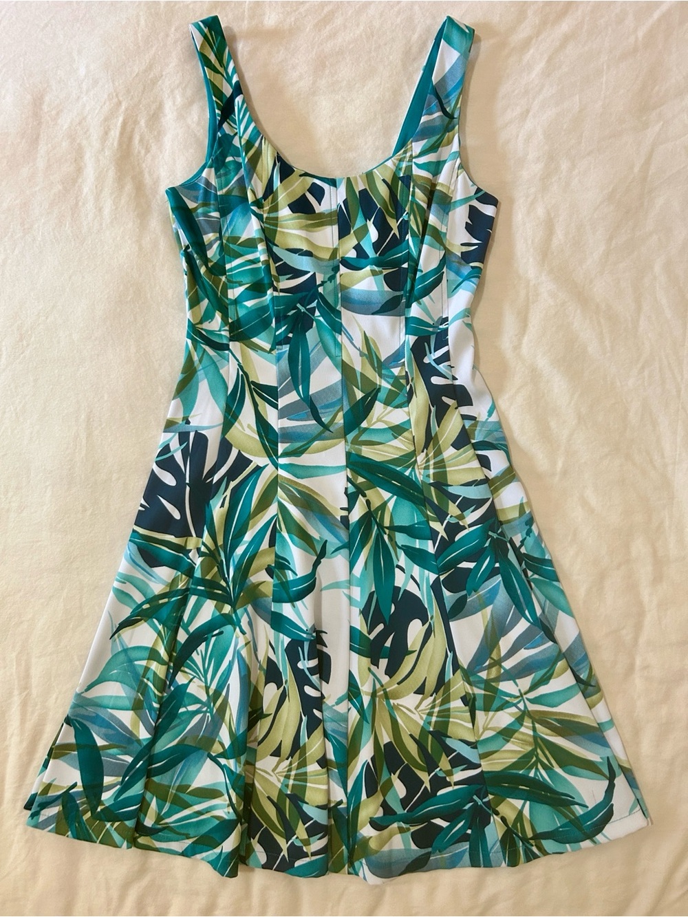 Dressbarn Tropical Palm Leaf Fit & Flare Midi Dress Teal Green Hawaii 4